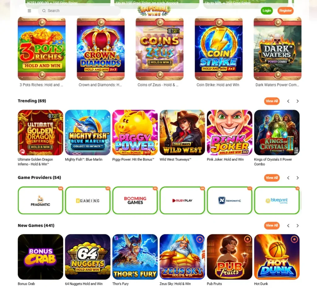 Imperial Wins Casino desktop homepage screenshot displaying hero banners, navigation menu, featured games, and promotional sections on widescreen interface - tested