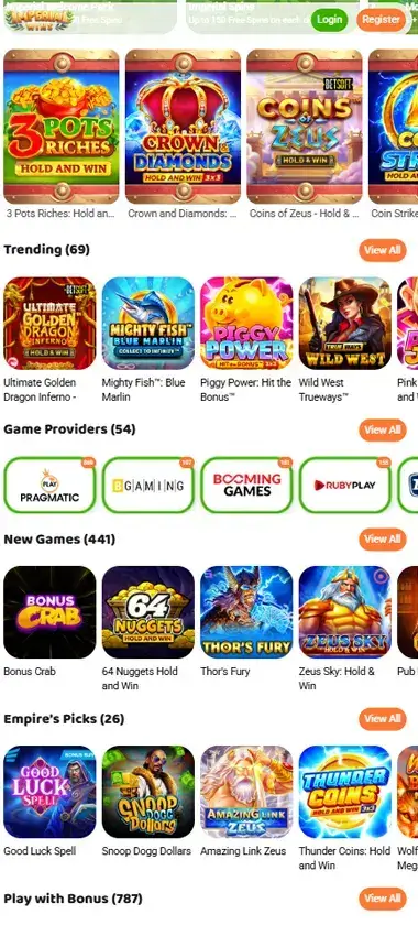 Imperial Wins Casino mobile homepage screenshot showing hero banners, navigation menu, featured games, and promotional sections on smartphone interface - tested