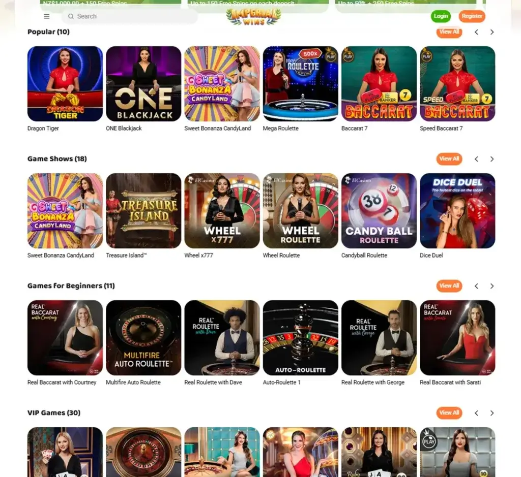 Imperial Wins Casino desktop live casino screenshot displaying live dealer tables, streaming interface, and game selection grid on widescreen layout - tested