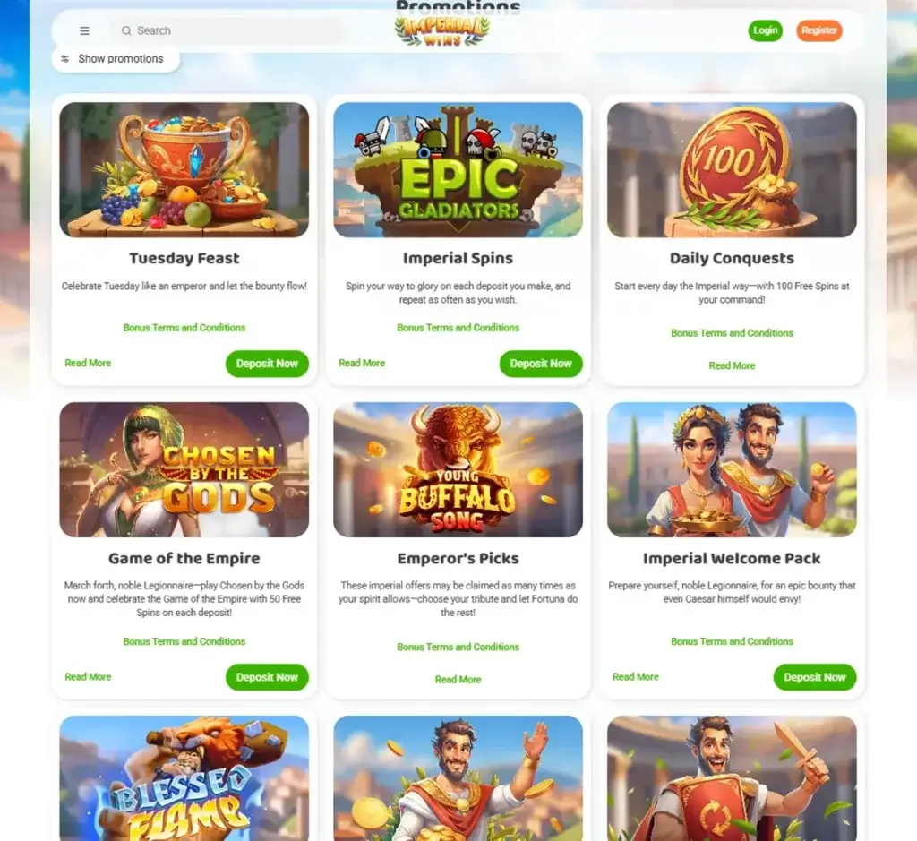 Imperial Wins Casino desktop promotions screenshot displaying bonus offers, promotional banners, and available deals list on widescreen interface - tested
