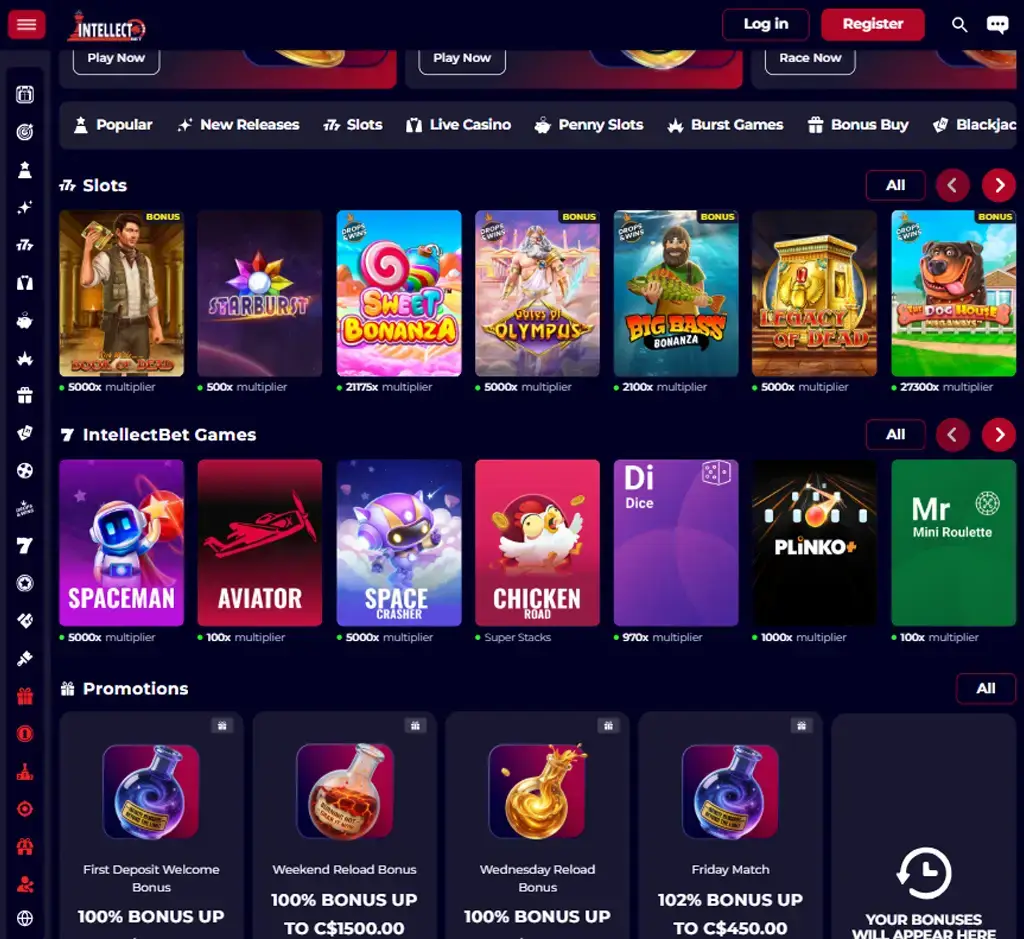 IntellectBet Casino desktop homepage screenshot displaying main sportsbook and casino lobby with featured betting markets, casino games, promotions and navigation menu - tested
