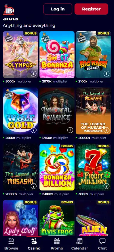 IntellectBet Casino mobile slots interface showing slot game selection with popular titles and filtering options - captured during platform testing