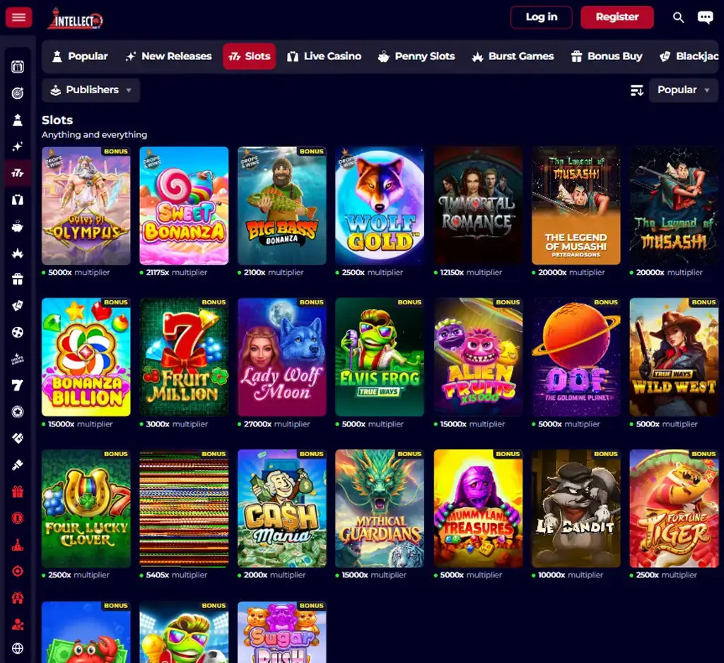 IntellectBet Casino desktop slots lobby presenting a variety of slot games with categories and providers - tested