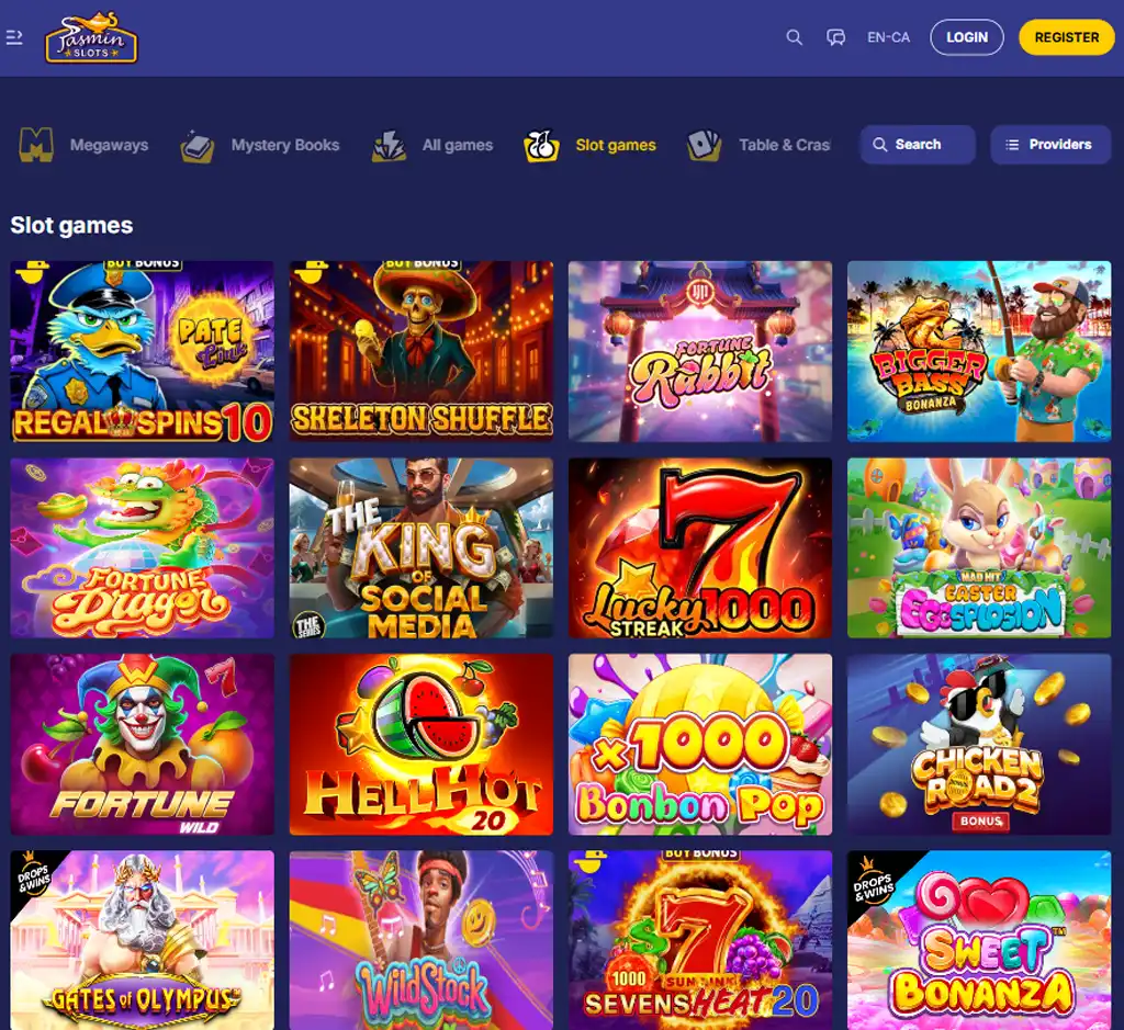 Jasmine Slots desktop slots lobby screenshot presenting variety of slot games with categories and providers - verified