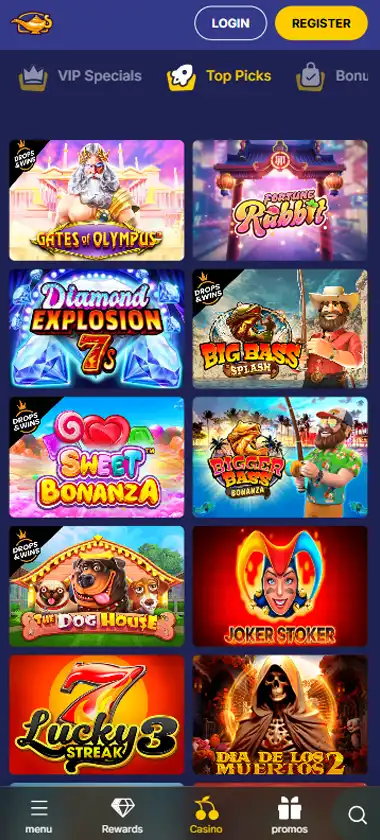 Jasmine Slots mobile top picks interface screenshot showing slot game selection with popular titles and filtering options - captured during platform testing