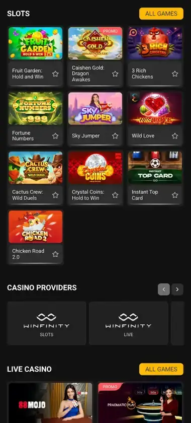Melbet Casino mobile homepage screenshot showing main lobby with sports betting, casino games and promotions - captured during platform testing