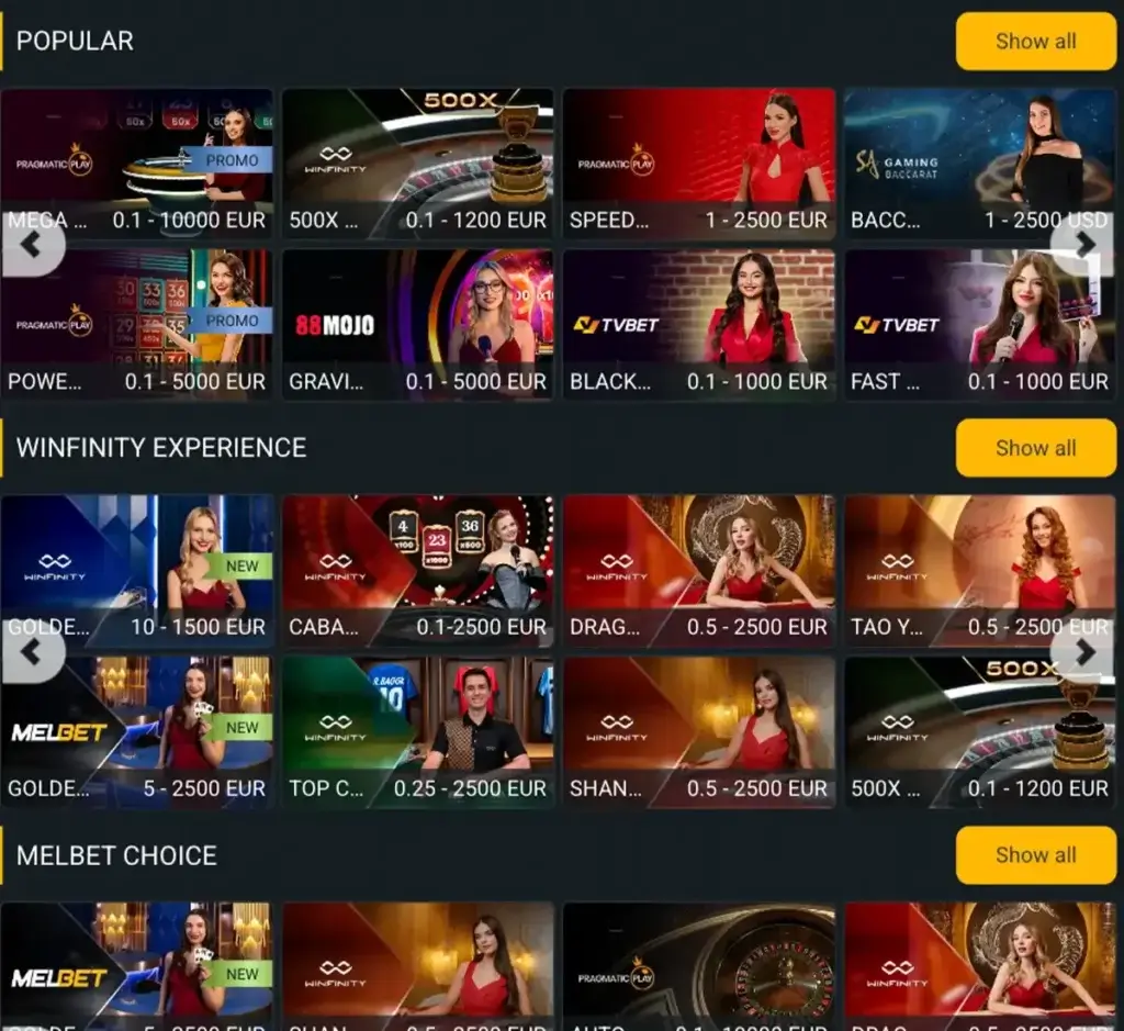 Melbet Casino desktop live casino lobby screenshot featuring live dealer games and real-time streaming tables - review testing