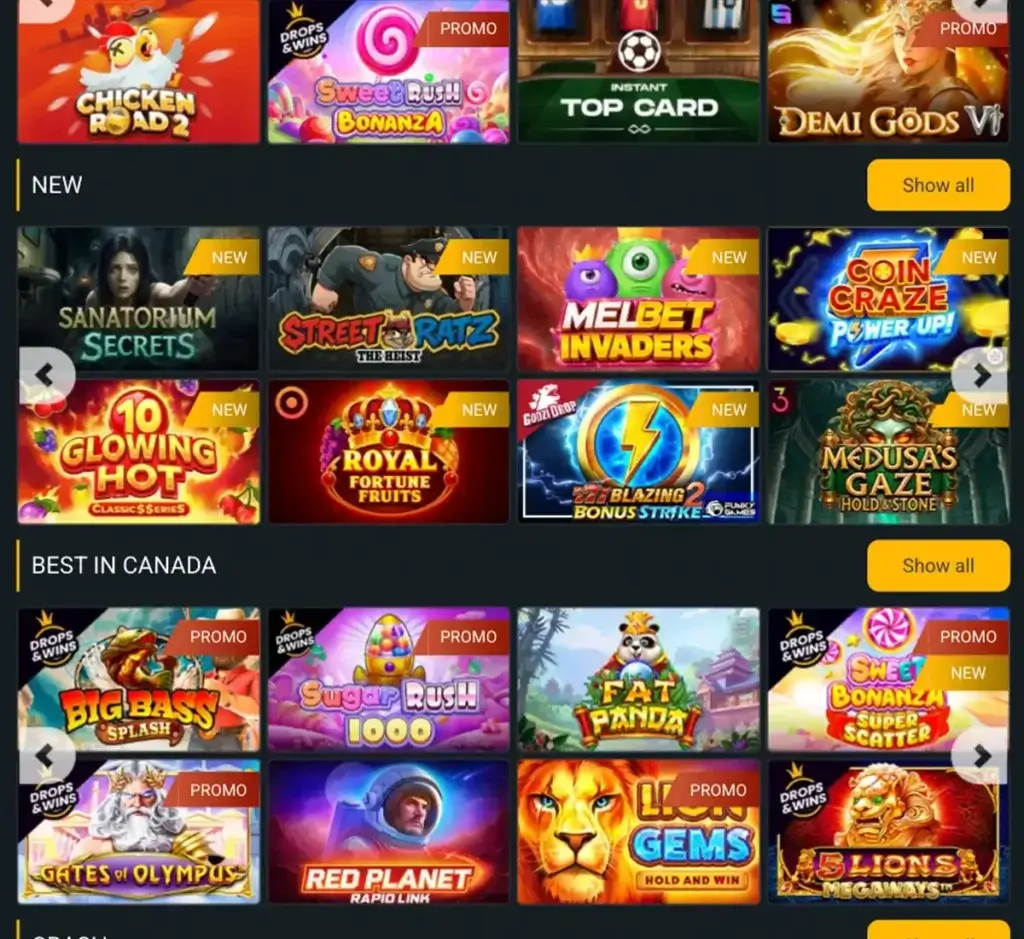 Melbet Casino desktop slots lobby screenshot presenting variety of slot games with categories and providers - verified