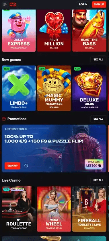 N1 Bet Casino mobile homepage screenshot showing main lobby with featured games and promotions - captured during platform testing