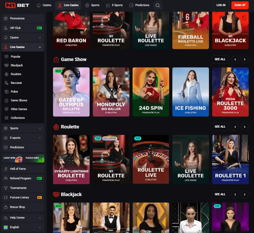 N1 Bet Casino desktop live casino lobby screenshot featuring live dealer games and real-time streaming interface - review testing