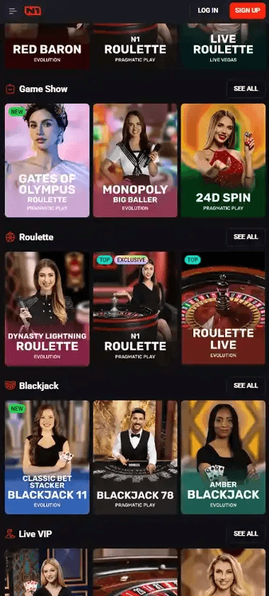 N1 Bet Casino mobile live casino interface screenshot showing live dealer tables including blackjack and roulette - tested