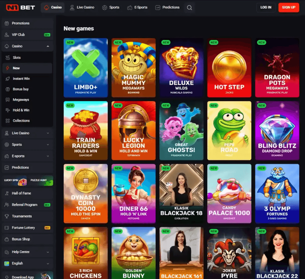N1 Bet Casino desktop homepage screenshot displaying main lobby with featured games, promotions and navigation menu - tested