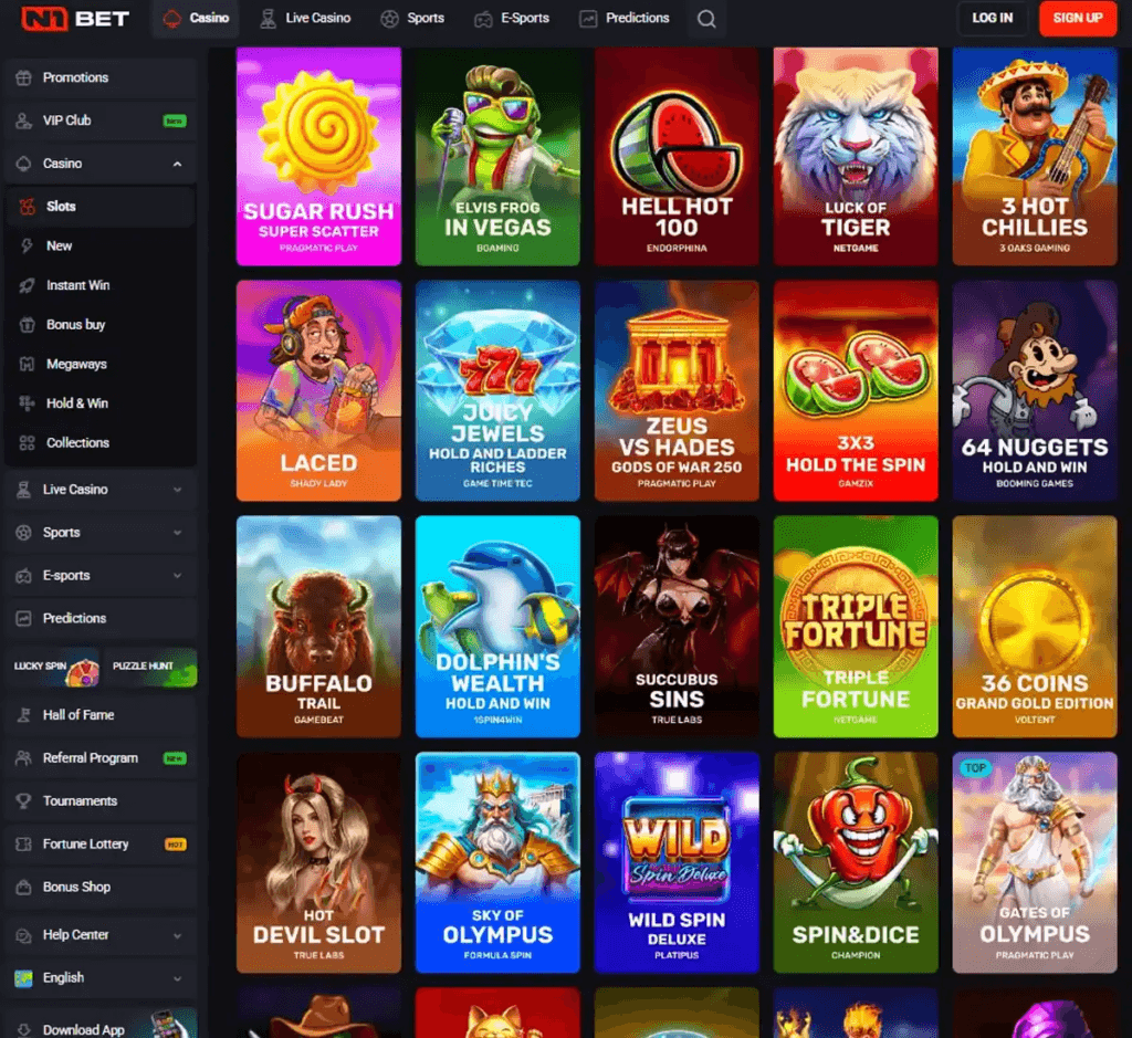 N1 Bet Casino desktop slots lobby screenshot presenting variety of slot games with categories and providers - verified