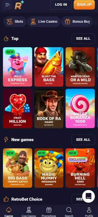 RetroBet Casino mobile homepage screenshot showing main lobby with featured games and promotions - captured during platform testing