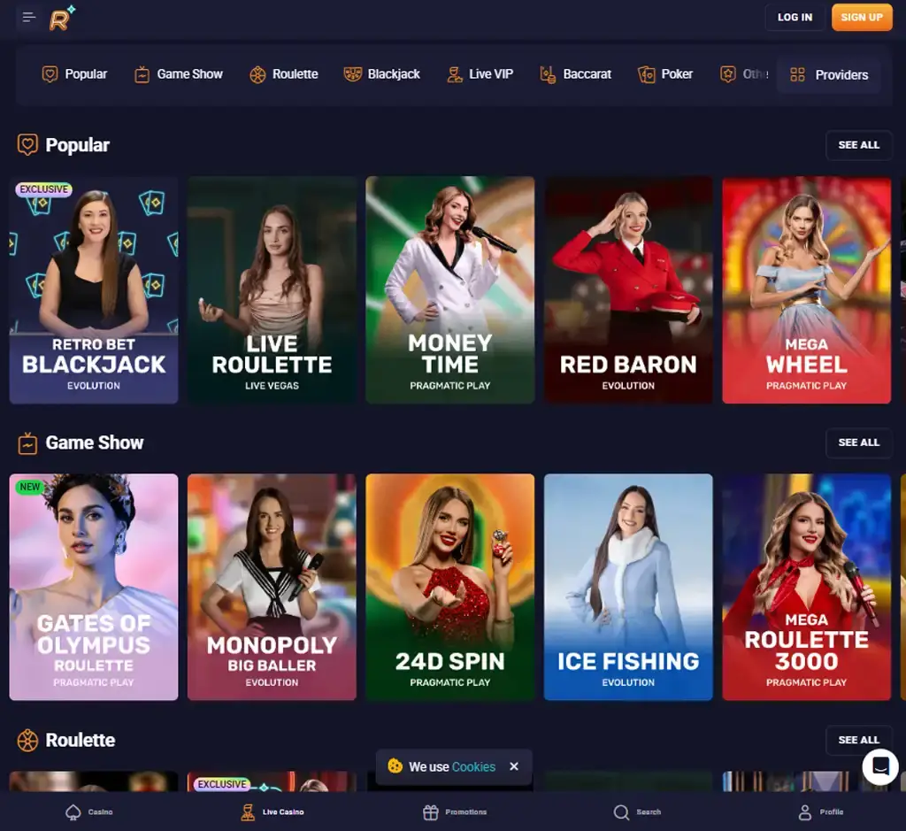 RetroBet Casino desktop live casino lobby screenshot featuring live dealer games and real-time streaming interface - review testing