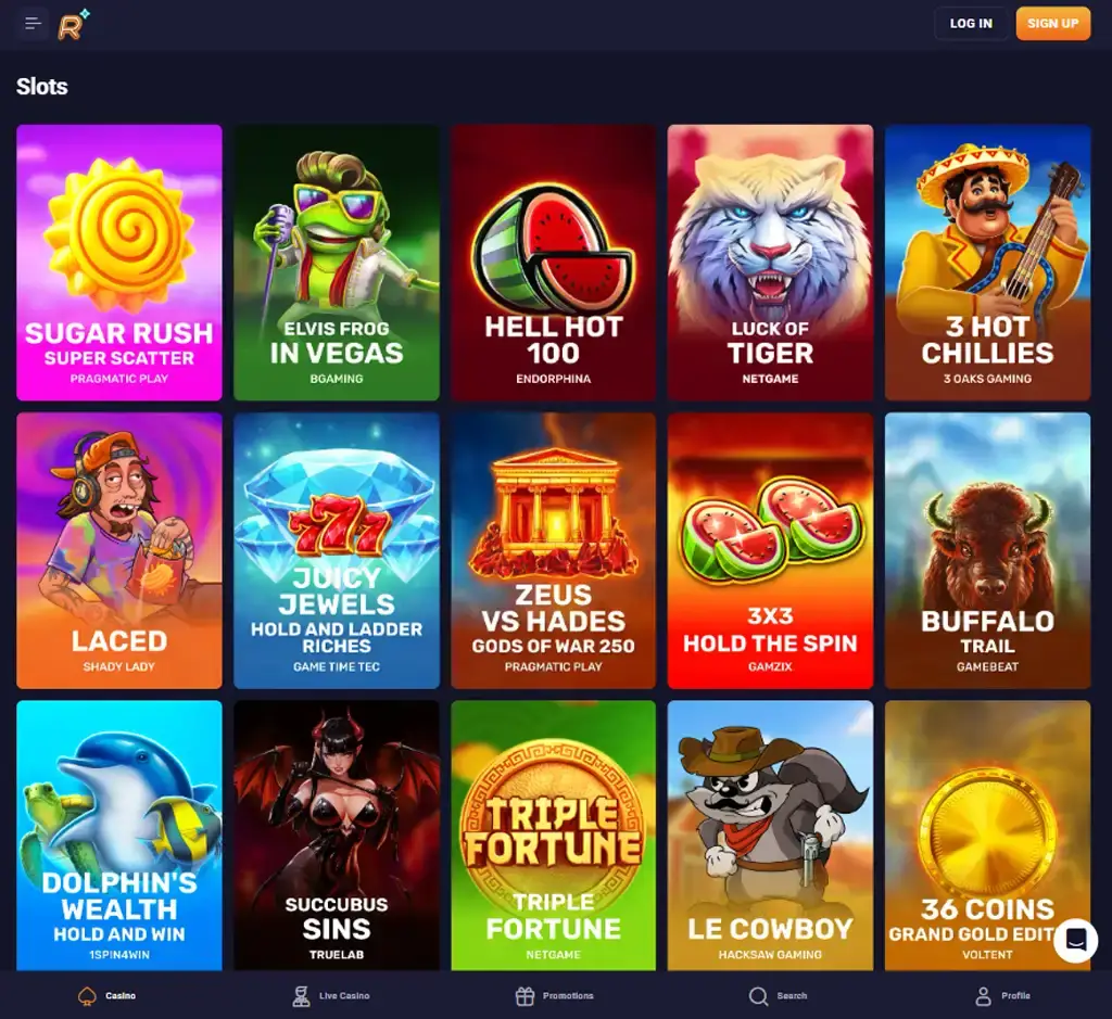RetroBet Casino desktop slots lobby screenshot presenting variety of slot games with categories and providers - verified