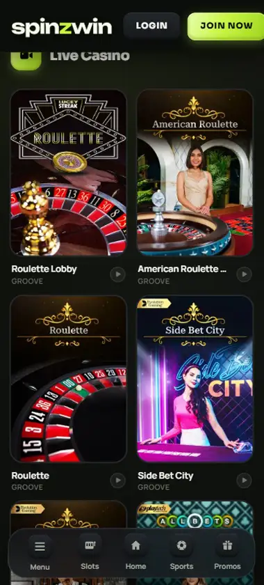 SpinzWin Casino mobile live casino interface screenshot showing live dealer tables including blackjack and roulette - tested