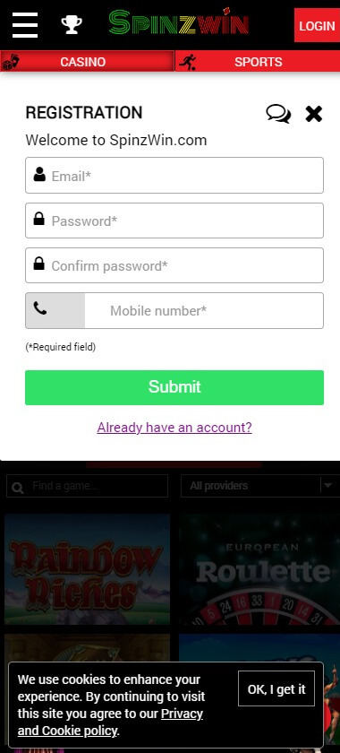 SpinzWin Casino Registration Process Image 1