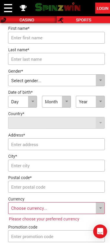 SpinzWin Casino Registration Process Image 2