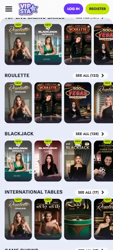 Vipsta Casino mobile live casino interface screenshot showing live dealer tables including blackjack and roulette - tested