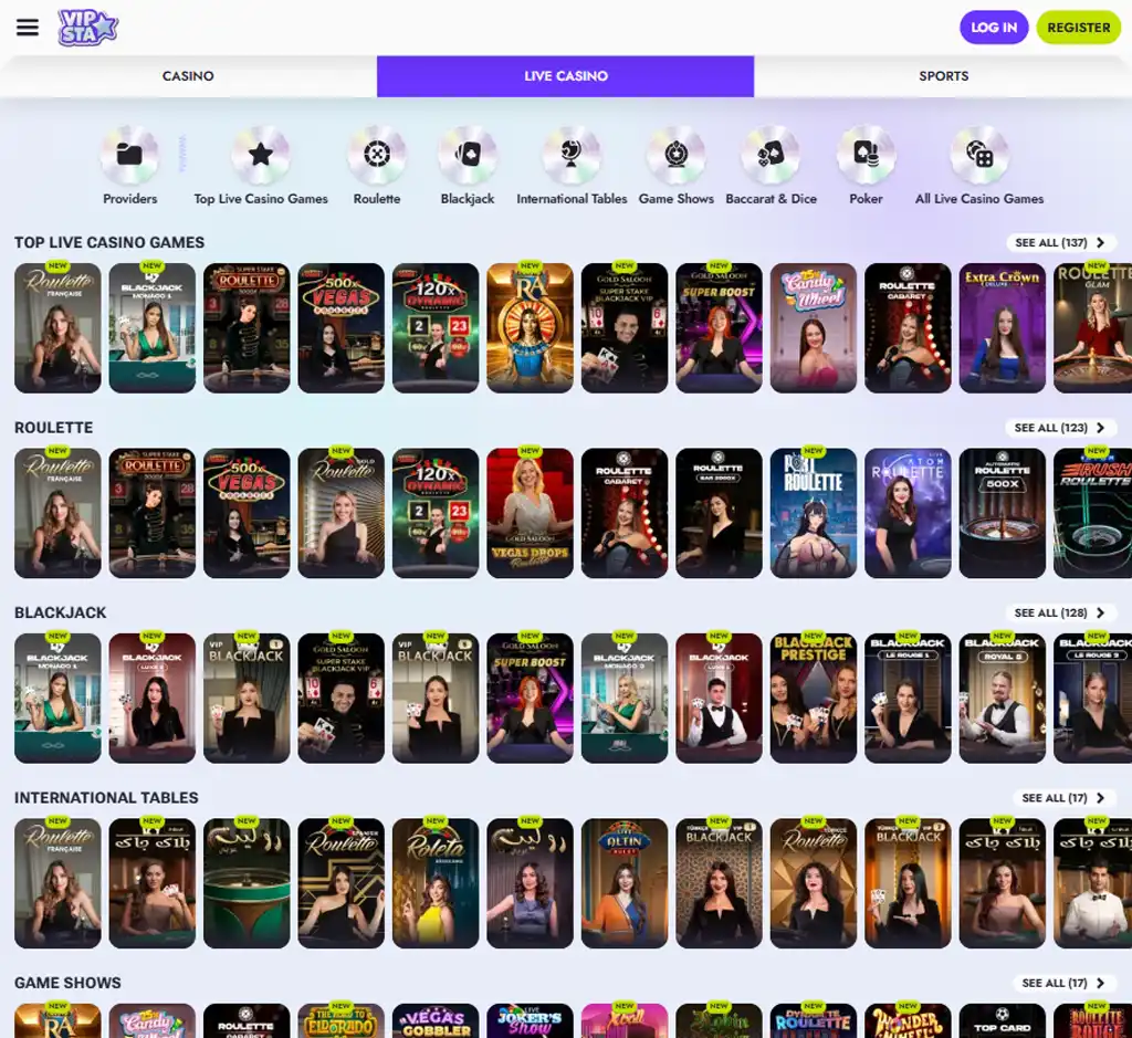 Vipsta Casino desktop live casino lobby screenshot featuring live dealer games and real-time streaming interface - review testing