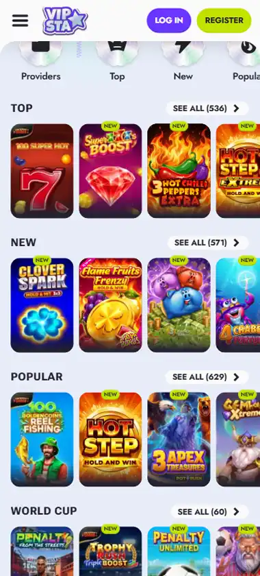 Vipsta Casino mobile slots interface screenshot showing slot game selection with popular titles and filtering options - captured during platform testing