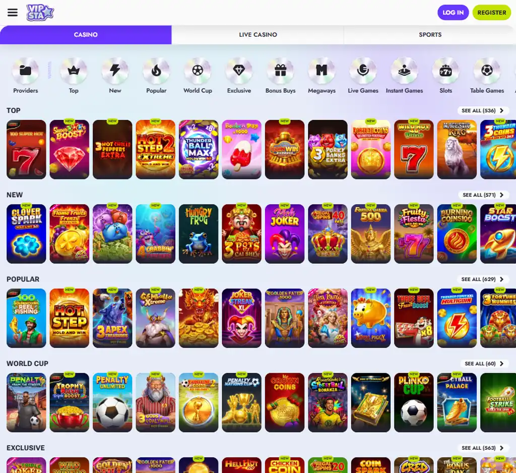 Vipsta Casino desktop slots lobby screenshot presenting variety of slot games with categories and providers - verified